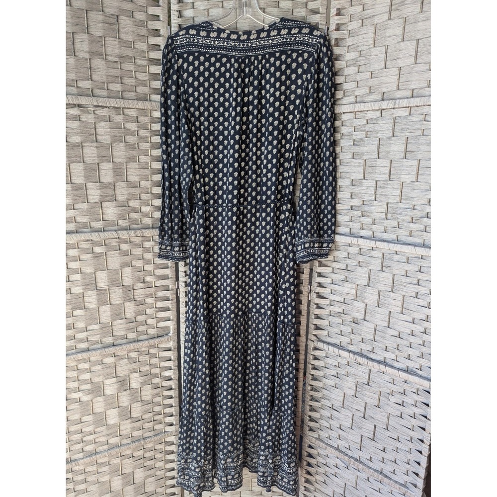 Faherty Orinda Long Sleeve Maxi Dress Navy Blue‎ Block Print Button Up Tie Waist - Picture 4 of 9